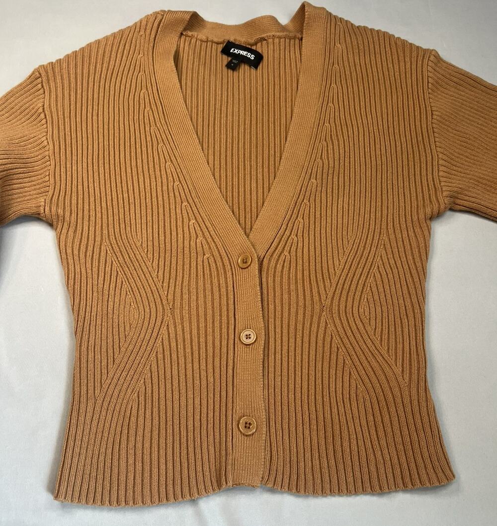 Express Cardigan Sweater Women’s Sz M Rust Orange Knit Button V Neck Stretch